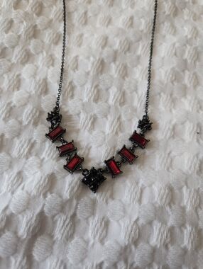 Black Metal Necklace with Red Gemstones - Women's Jewelry